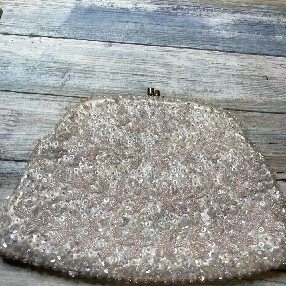 Vintage Beaded Sequin Evening Purse Clutch Made in Hong Kong Ivory Iridescent 8
